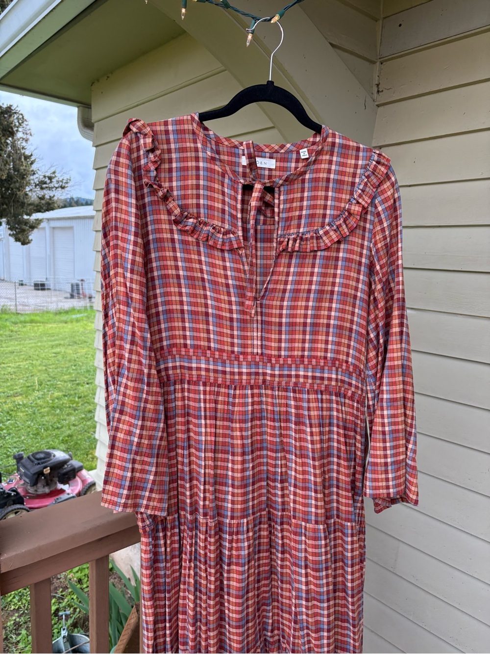 DOĚN Plaid Ruffle-Yoke Midi Dress in Red and Tan